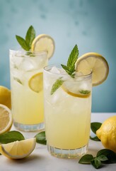 Homemade refreshing summer lemonade drink with lemon slices and ice