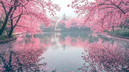 Pink cherry blossoms over a calm lake