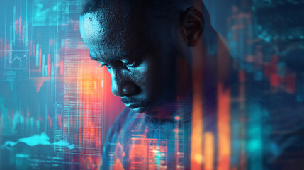 Close-up of a dark-skinned man's face superimposed on a vibrant, colorful data visualization, suggesting technological immersion or data analysis, creating a mood of focus and intensity