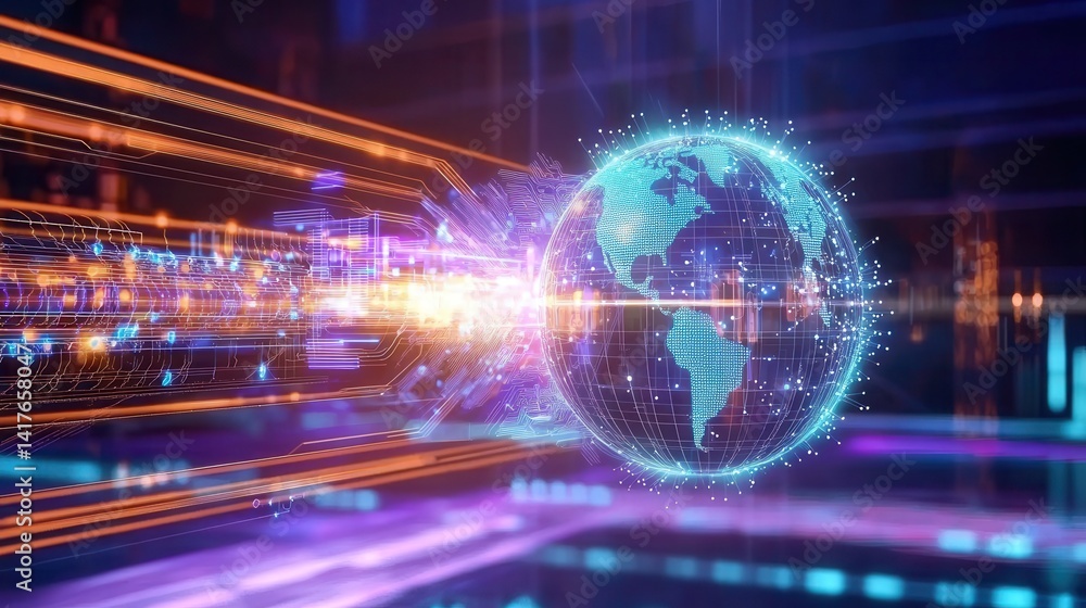 Poster a futuristic digital representation of the earth, surrounded by vibrant data streams and technologic