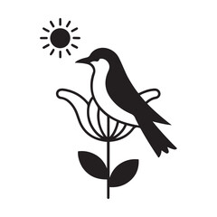 Minimalist Vector Black silhouettes Nature Illustration Bird, Flowers, Sun. with white background