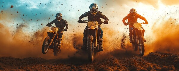Sunset motocross race with three dirt bike riders, dramatic cloud of dust, glowing sunlight piercing through, cinematic energy, dynamic scene, ultrahigh resolution