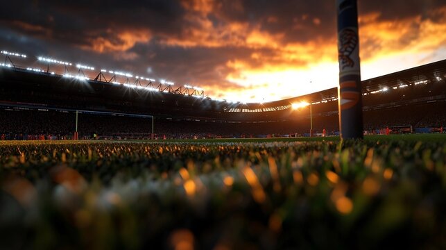 Dramatic sunset over a packed stadium. - Powered by Adobe