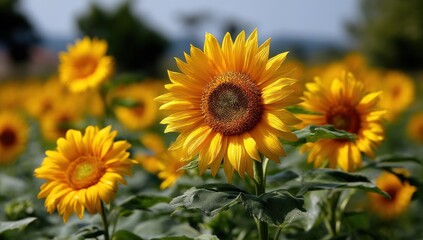 Blooming sunflowers field in summer, vibrant petals, sunny day, blurry background