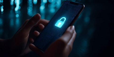 Close-up of hands holding smartphone displaying glowing padlock icon over binary code, symbolizing digital security and data protection