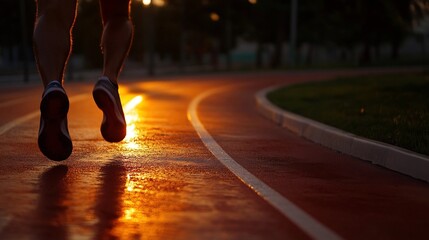 Runner's legs in motion on a wet track at twilight.