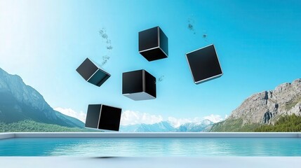 brand value concept. Floating cubes above a serene mountain lake in a stylized landscape.