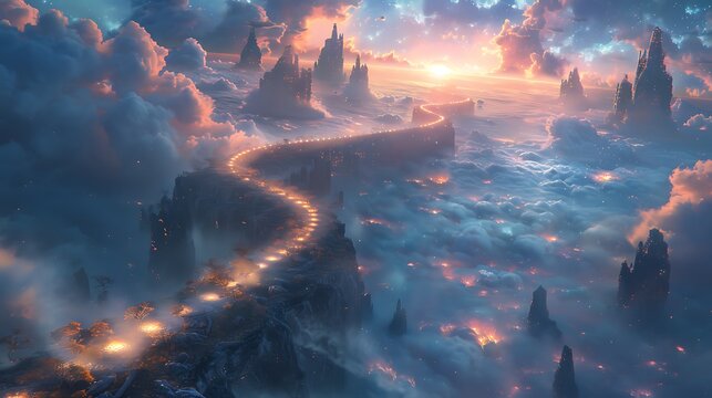**Sky Bridge Between Glowing Floating Islands, Majestic Fantasy Architecture --Ar 16:9 --S 952 --V 6.0 --Style Raw** - @Darya (Relaxed)