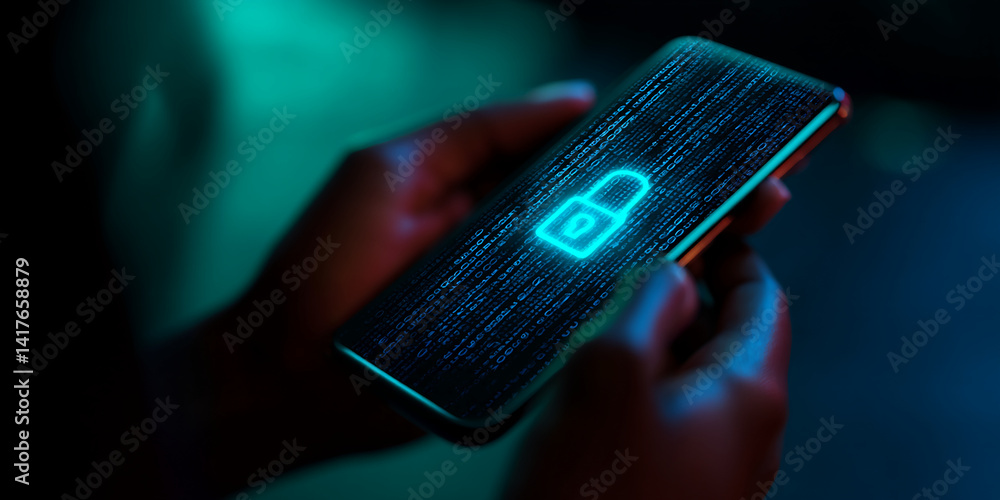 Poster close-up of hands holding smartphone displaying glowing padlock on a digital code background, symbol