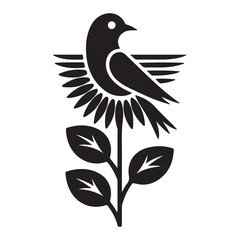 Minimalist Vector Black silhouettes Nature Illustration Bird, Flowers, Sun. with white background