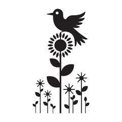 Minimalist Vector Black silhouettes Nature Illustration Bird, Flowers, Sun. with white background