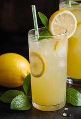Fototapeta premium Refreshing summer lemonade drink with lemon slices and ice