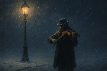 Fototapeta premium Man playing guitar at night cinematic view