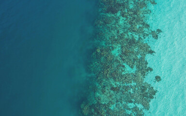 Aerial view of clear sea water and coral reef in Koh Kradan Island, Andaman sea