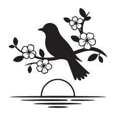 Minimalist Vector Black silhouettes Nature Illustration Bird, Flowers, Sun. with white background