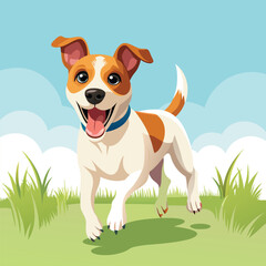 A Jack Russell Terrier with its mouth wide open joyfully runs through a grassy field under a bright sky.