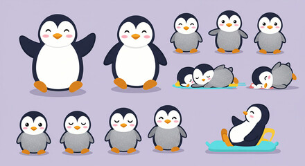 Fototapeta premium Penguin Cartoon Illustrations Various Poses and Activities