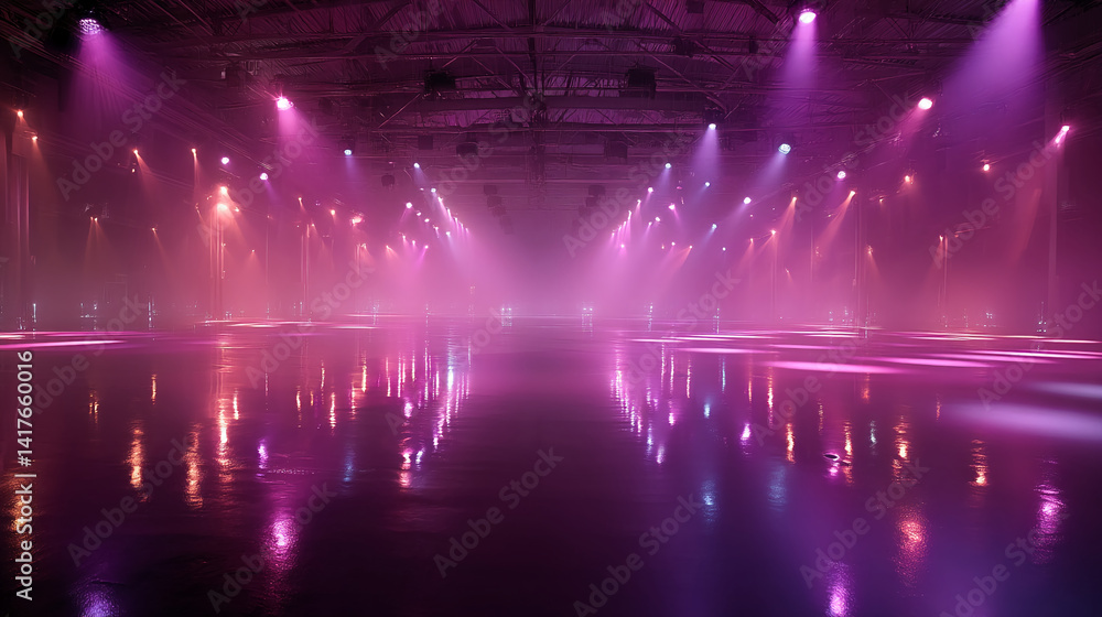 Poster empty stage with pink and purple lighting, reflecting on a glossy floor, creating a dramatic and atm