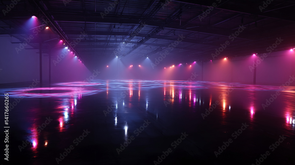 Poster empty industrial space with pink and purple lighting, reflecting on glossy floor, creating a dramati