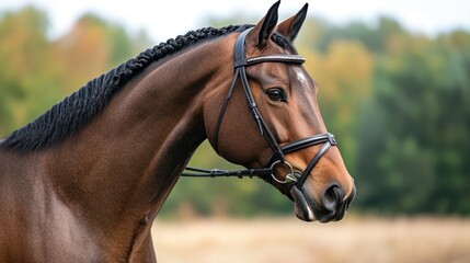 Obraz premium Elegant Brown Horse with Braided Mane in Bridle Posing Gracefully in a Natural Outdoor Setting