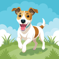 A Jack Russell Terrier with its mouth wide open joyfully runs through a grassy field under a bright sky.