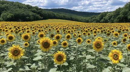 Obraz premium Vast sunflower field with lush green forest under a cloudy sky in summer