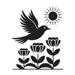 Minimalist Vector Black silhouettes Nature Illustration Bird, Flowers, Sun. with white background