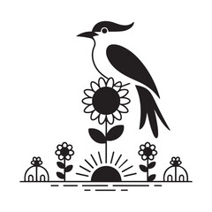 Minimalist Vector Black silhouettes Nature Illustration Bird, Flowers, Sun. with white background