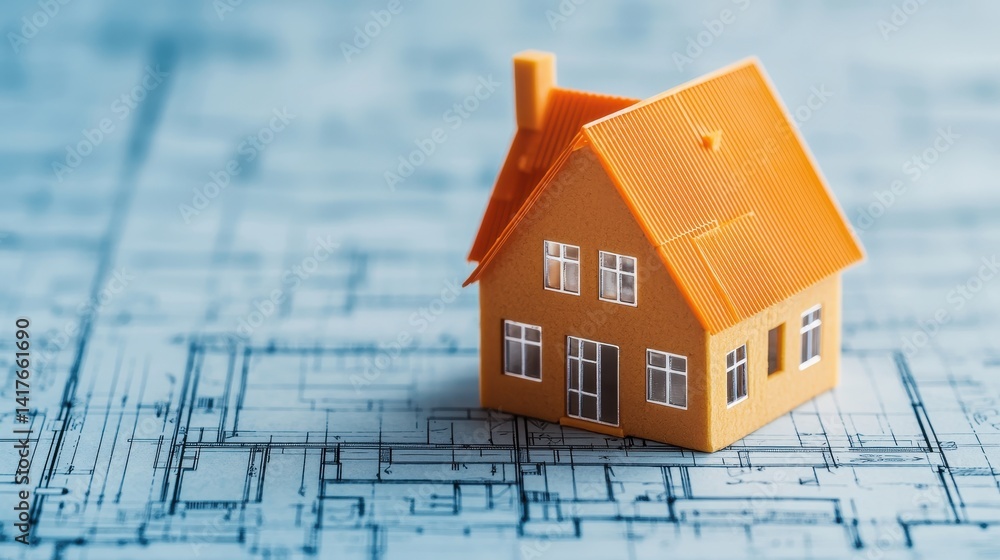 Poster miniature house model on blueprint background representing architectural design and construction pla