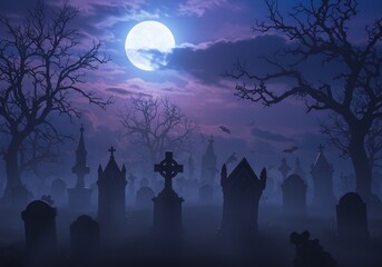 Spooky Graveyard at Night Under a Full Moon