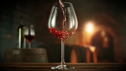 Detail of Red Wine Pouring. Wine Cellar on Background.