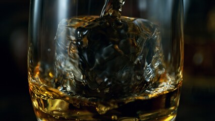 Detail of pouring whiskey into glass. Freeze motion drink preparation. Still life setup in dark interior.