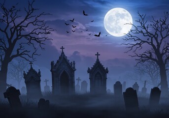 Fototapeta premium Spooky Graveyard at Night Under Full Moon