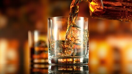 Detail of pouring whiskey into glass with ice cubes. Super clear ice inside the glass.