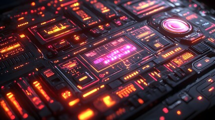 Fototapeta premium Futuristic circuit board with glowing, vibrant displays.