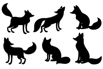 Set of black silhouettes of fox on transparent background 