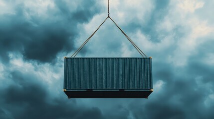 Container suspended in the air against a dramatic sky with dark clouds and moody atmosphere