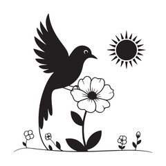Minimalist Vector Black silhouettes Nature Illustration Bird, Flowers, Sun. with white background