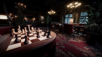 Ornate Chess Game in a Luxurious, Dark Lounge with Christmas Decor