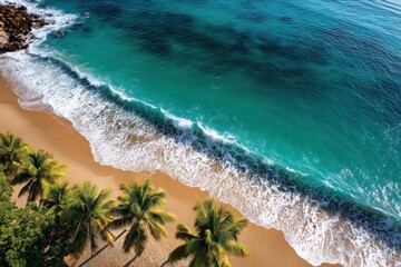 Aerial view of wave crashing on a tropical sandy beach with palm trees