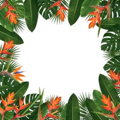 Naklejka premium Tropical frame with heliconia flowers monstera and palm leaves creating a border on white background