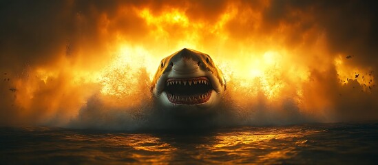 Great White Shark Emerges From the Ocean at Sunset with Open Jaws