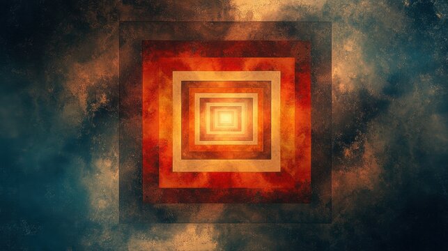 Abstract glowing square pattern with vibrant hues of red, orange, and gold against a dark textured background