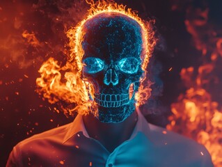 Digital artwork depicting a luminous skeletal form in a surreal setting