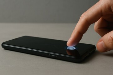 Unlocking smartphone with fingerprint scanner on screen, highlighted by soft light and minimal neutral background emphasizing modern biometric technology