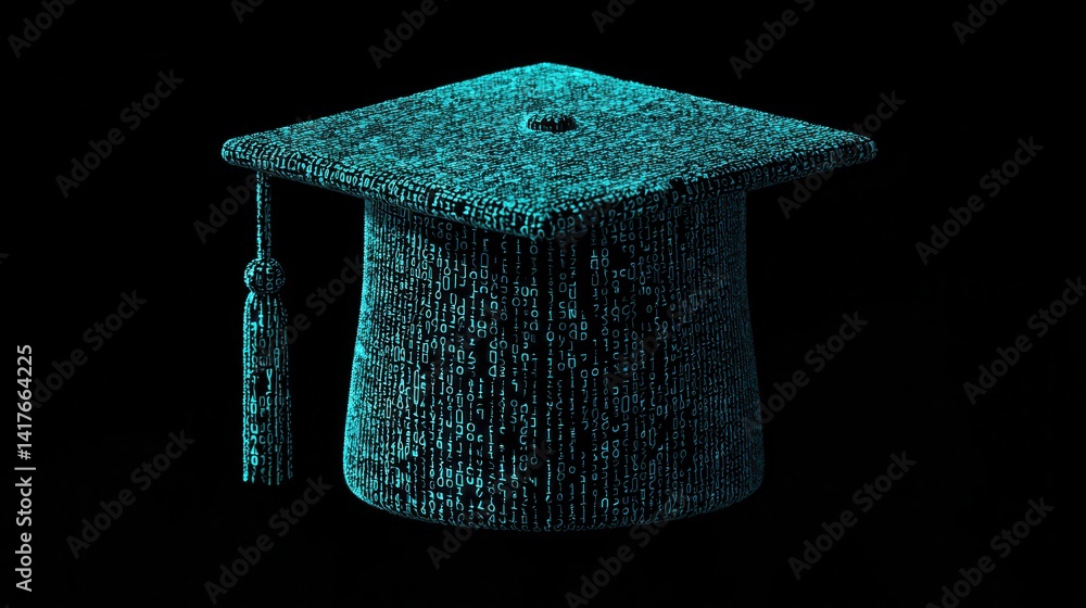 Poster digital graduation cap with binary code illustration on black background