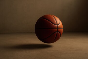basketball bouncing off the floor, with soft light reflecting on the ball's surface, set against a minimalist background with a textured floor and muted colors