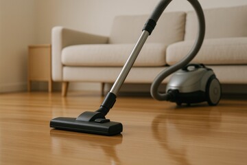 A vacuum cleaner gliding across a polished wooden floor, its smooth movement reflecting the simplicity and efficiency of the cleaning process, with a minimalist living room background in neutral tones