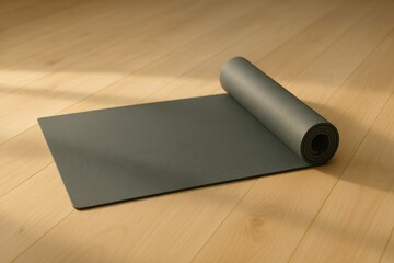 yoga mat unrolling on a clean wooden floor, with soft natural light highlighting the smooth texture