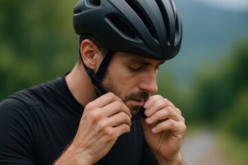 Close-up of a cyclist adjusting their helmet, focusing on hands and the sleek design of the helmet, with a blurred background of soft green and blue tones